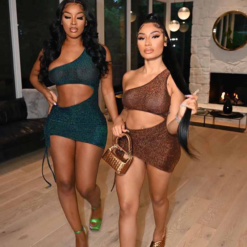 

Elegant Drawstring Bandage Cut Out Dress Women Summer 2021 Night Club Sexy One Shoulder Hollow Out Bodycon Dresses