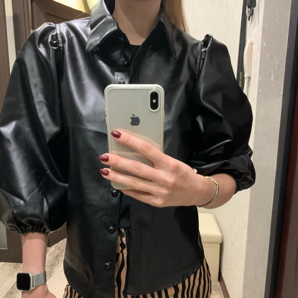 Женская блузка из искусственной кожи черная Свободная рубашка с отложным