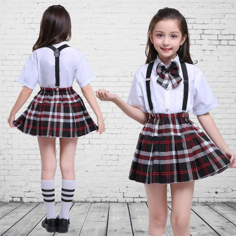 Girls red 2 set Комплект одежды для детей ростом от 100 до 170 см, Топы+ юбка+ ремень, школьная форма в клетку для девочек-подростков, костюмы для хора - Цвет: Girls red 2 set