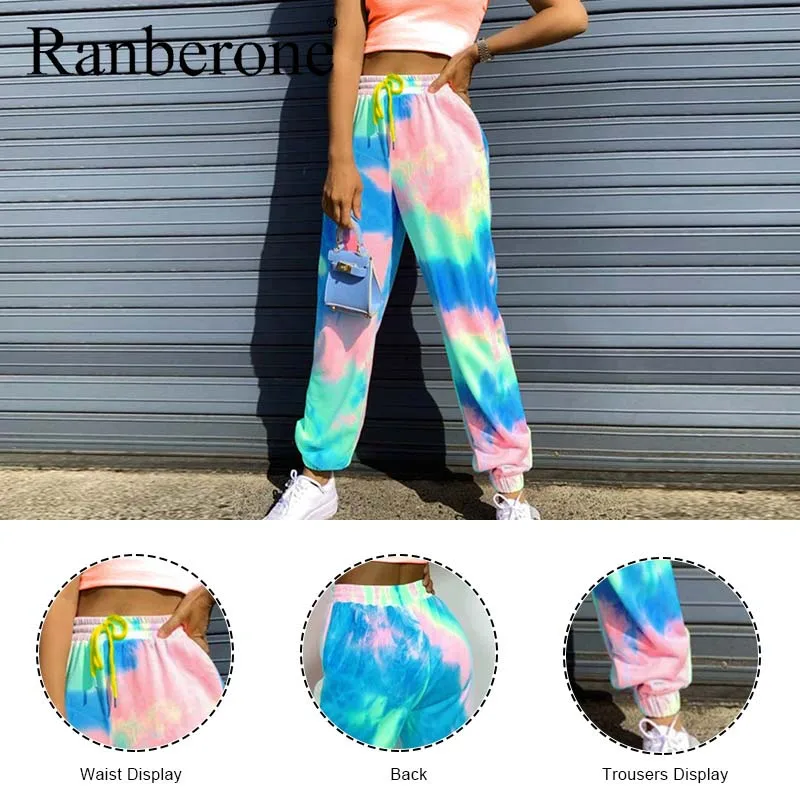 Tie Dye Printed Sweatpants Women Fashion Harajuku Pants Colorful Psychedelic Track Pants Slim Streetwear Trousers With Pocket