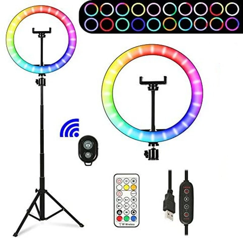 

10" RGB Selfie LED Ring Light 26 Colors Mode With 1.6m Tripod Stand Phone Holder For Live Stream/MakeUp/YouTube/TikTok Ringlight