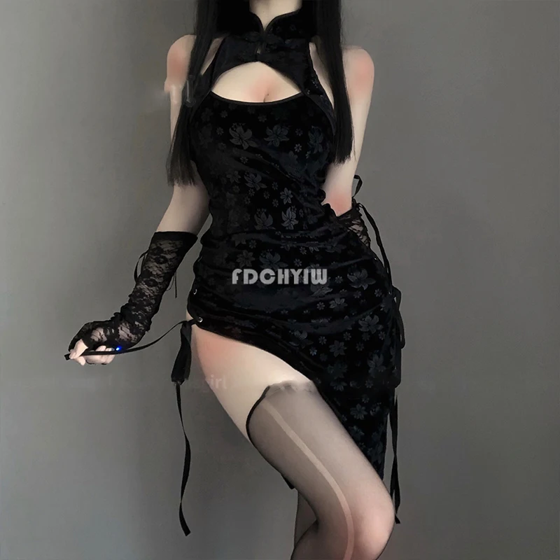 Красивое велюровое сексуальное длинное платье Ципао с разрезом традиционное