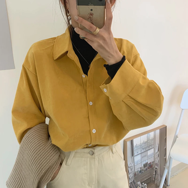 Блузка женская однобортная с отложным воротником модная рубашка карамельных