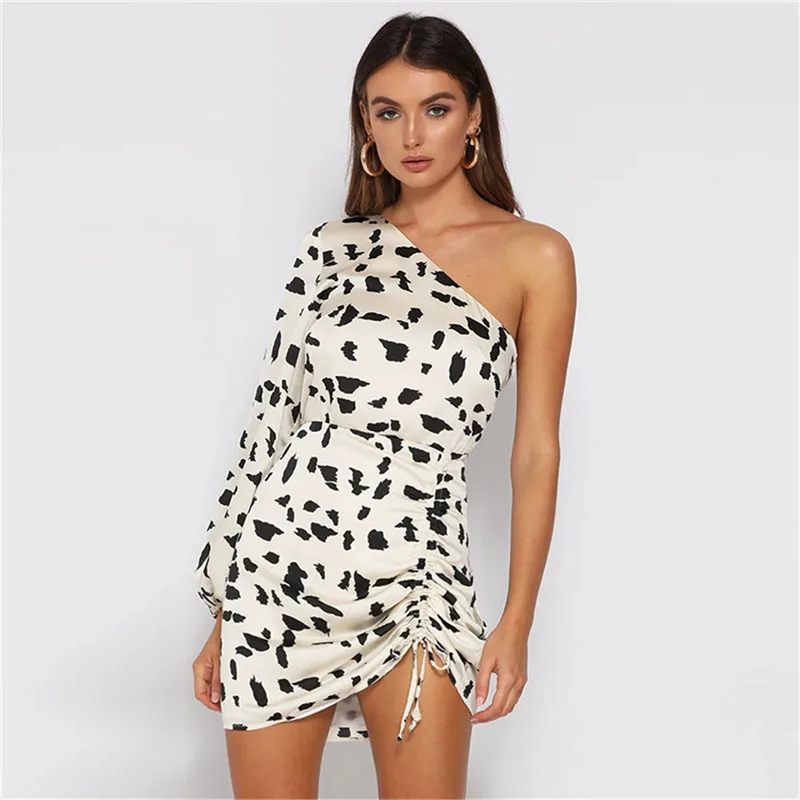 

Women Fashion Party Leopard Printed Bodycon Dress Ladies Female Sexy Long Sleeve One Shoulder Backless Ruched Short Vestidos