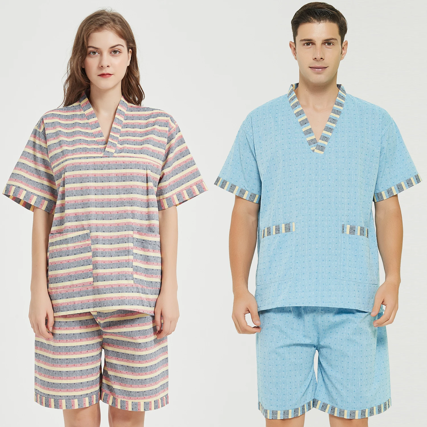 Summer Couple Pajama Sets Cotton Sleepwear Men And Women Home Clothing Pajamas Comfort Long Sleeves Buttons Homewear