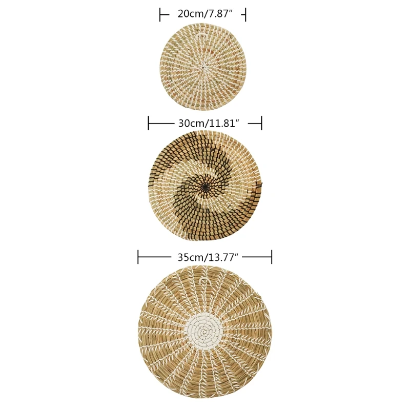 

E56C 3pcs Boho Woven Wall Basket Decor Handmade Natural Seagrass Round Hanging Trays