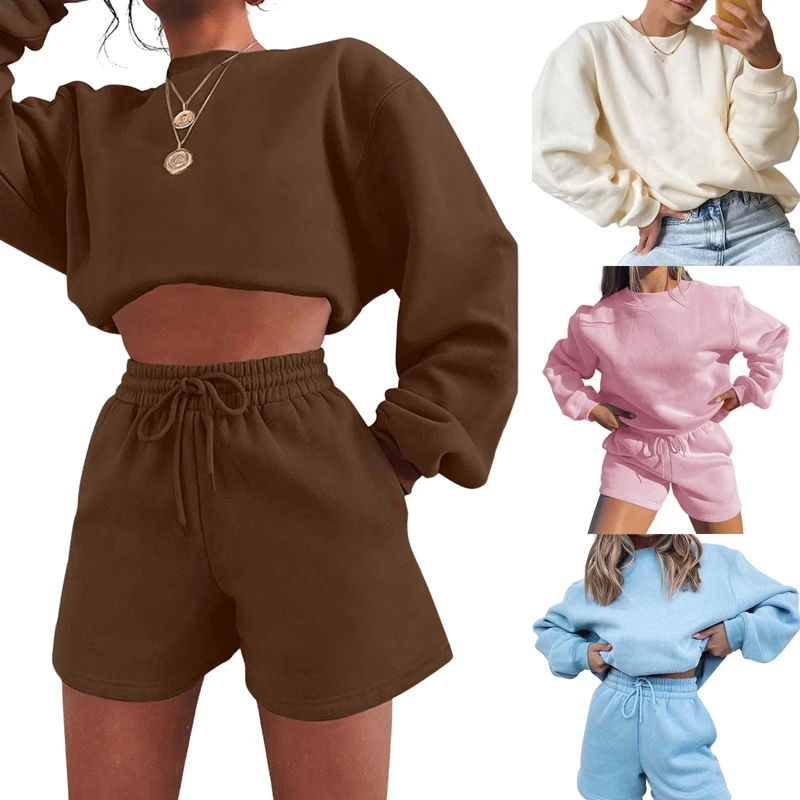 

Kayotuas Women 2Pcs Tracksuit Spring Autumn Pullover Long Sleeve Casual O-Neck Sweatshirt Hoodie Tops+Shorts Drawstring Clothes