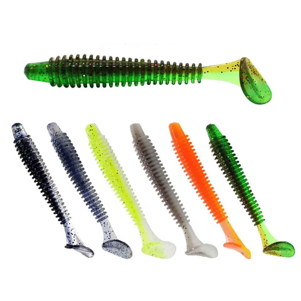 12pcs/lot jig T tail Two-tone silicone soft lures 5cm 6cm 7.5cm spiral worm fishing attractive wobbler bass tackle | Спорт и