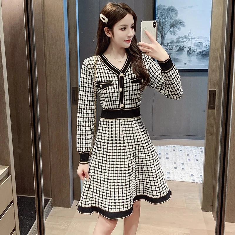 

New Spring Elastic Plaid Knitted Dresses Elegant Women Casual Chic Pullover Sweater Dress Fashion Office Vestidos
