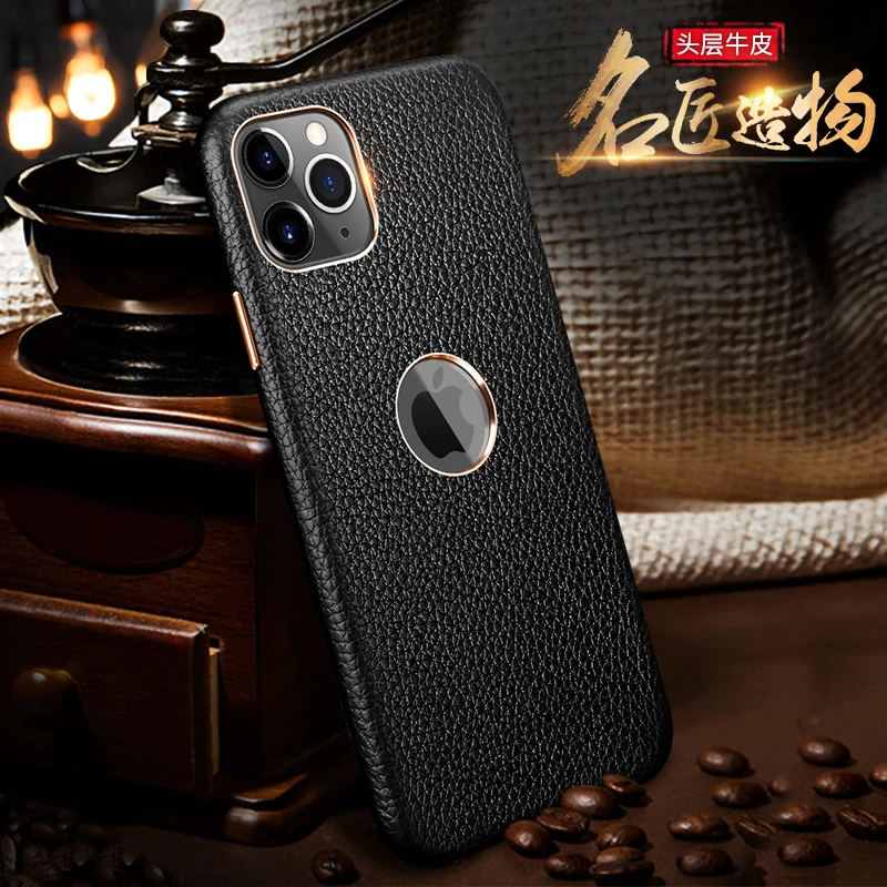 Чехол из натуральной воловьей кожи для iPhone 7, 8 Plus, X, XR, XS, 11 Pro, Max, бизнес чехол из зернистой кожи с металлической кнопкой - Цвет: Черный