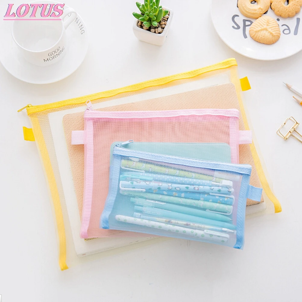 

1pcs Zip File Bag Transparent Pencil Case School Supplies Lapices Bags Papelaria Escolar Menina Net Yarn Fourniture Scolaire