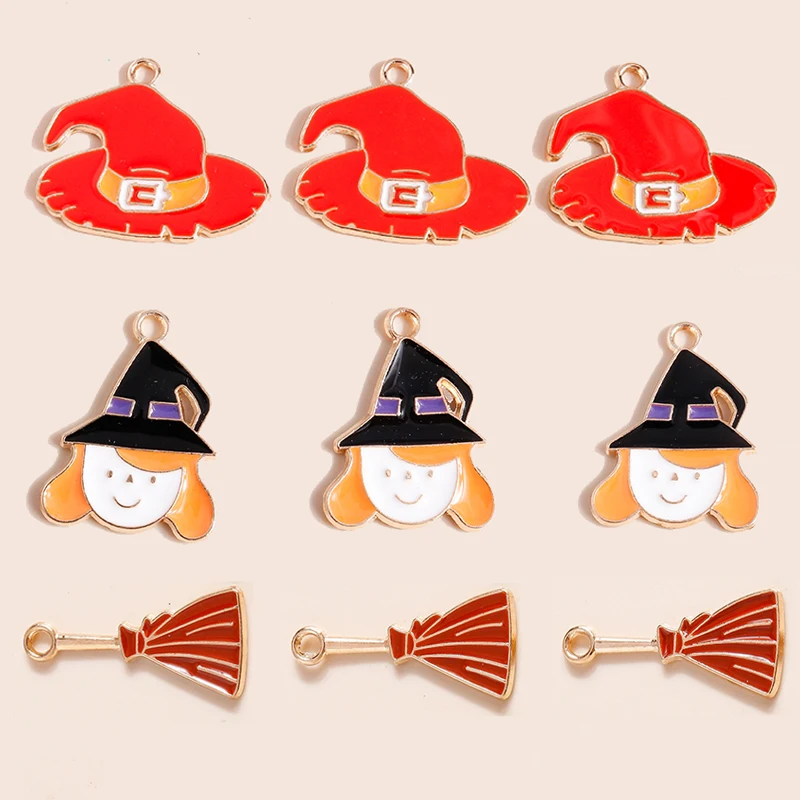 

10pcs Cute Magic Witch Hats Broom Charms for Earrings Bracelets Necklace Pendants DIY Jewelry Making Accessories Handmade Craft
