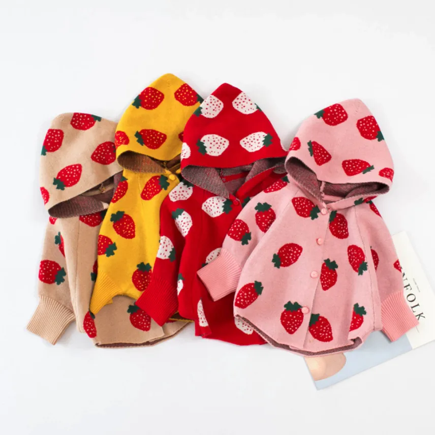 

New Spring Autumn Baby Cardigan Cute Strawberry Girl Cloaks with Hoodie Kids Bat Sleeve Knitted Jackets Coat Children Sweaters