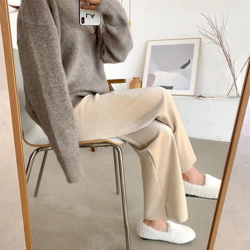 

Женские свободные брюки с широкими штанинами, повседневные однотонные Длинные теплые брюки с высокой талией, E721, весна-осень 2021