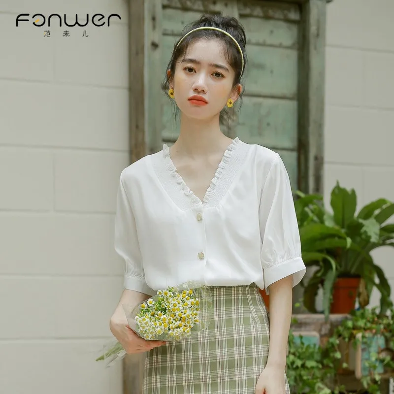 Французская маленькая рубашка в стиле ретро шифоновая с V образным вырезом и