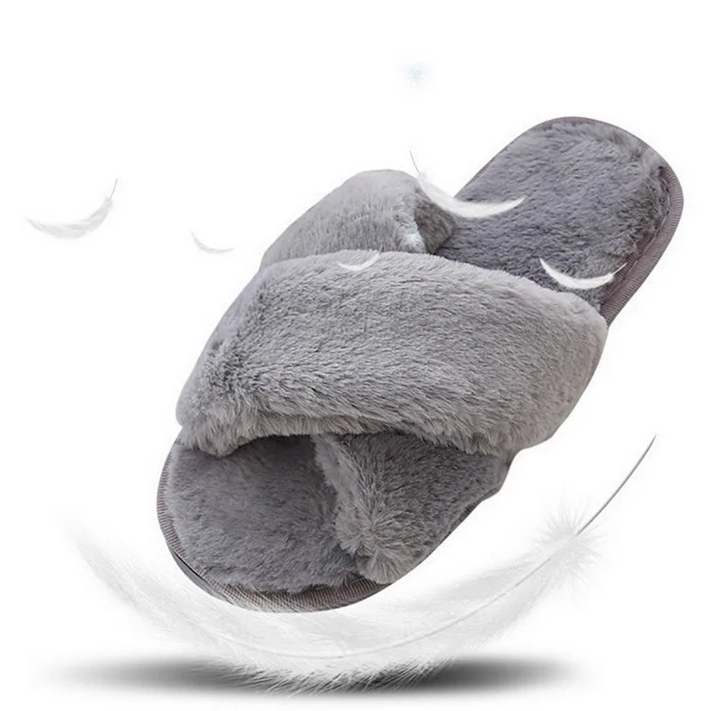 

Winter Women House Slippers Faux Fur Fashion Warm Shoes Woman Slip On Flats Female Slides Black Pink Cozy Home Furry Slippers