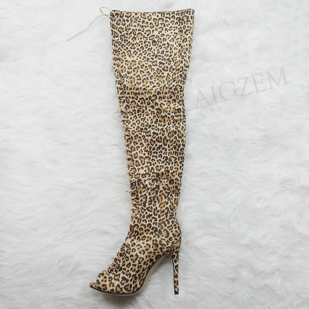 Jual LAIGZEM Wanita Di Atas Lutut Sepatu Bot Peep Toe Slim Heels Boots Lebar Betis Ramah Sepatu Wanita Pasang Kaos Mujer Besar Ukuran 44 45 52