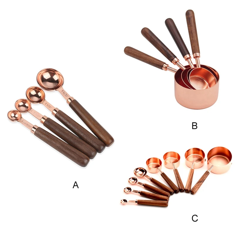 

Kitchen Baking Measuring Cup Set of 4 Measuring Spoon Set of 4 Thickened Copper-plated Measuring Spoon Wooden Handle Wood