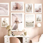 Плакат с изображением девушки на закате, пляжа, птиц, розовых волн, ириса, цветов, рисунков в скандинавском стиле, настенная живопись, декоративные картины для гостиной