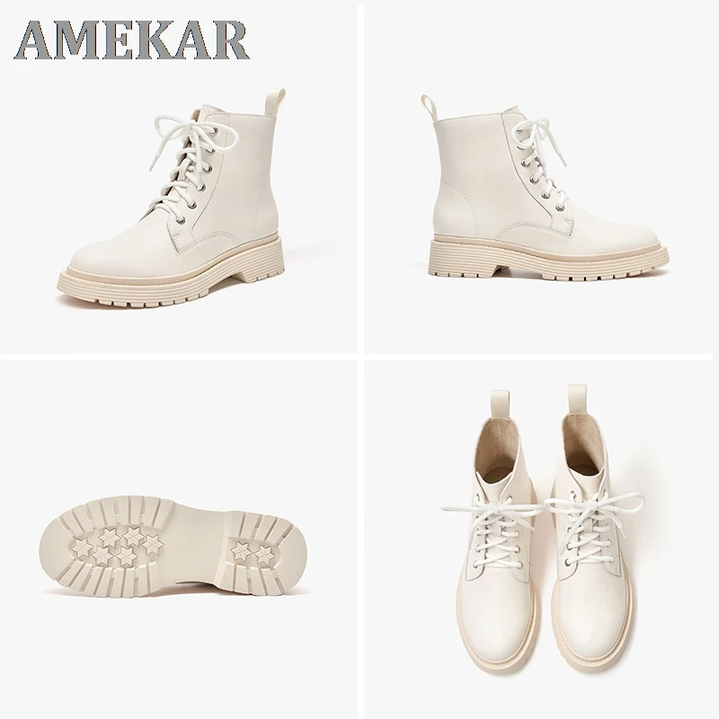 

Ankle Boots Women Genuine Cow Leather Lace-Up Round Toe Lady Booties Autumn Winter Platform Sole Shoes Handmade