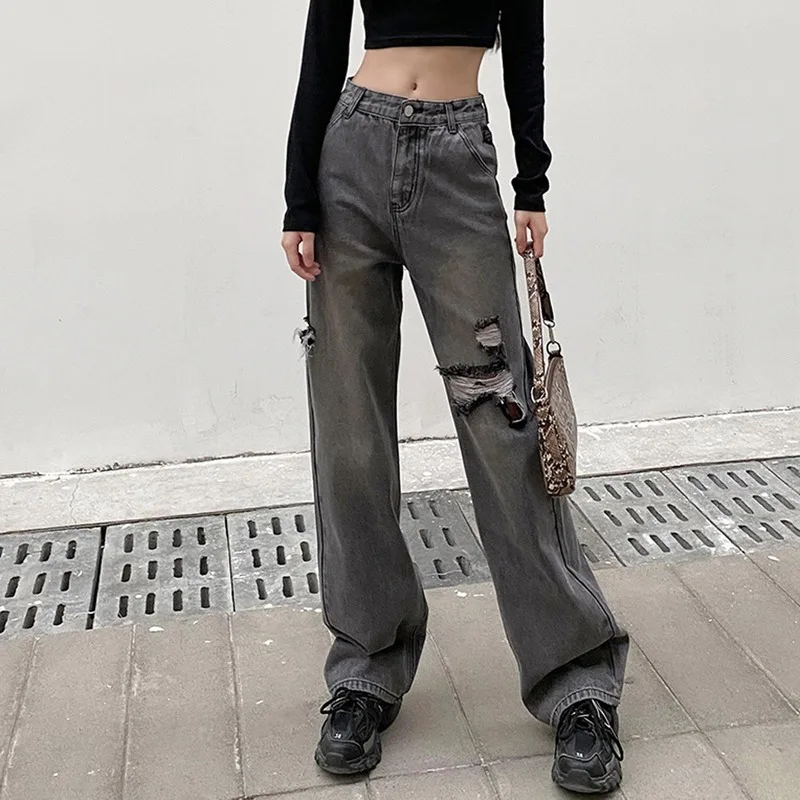 

Женские Модные свободные рваные джинсовые брюки с завышенной талией, новинка, повседневные прямые широкие брюки-клеш в стиле ретро, джинсы ...