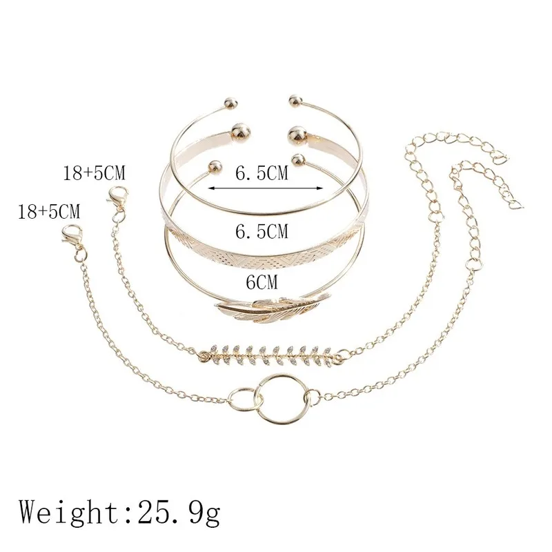 Sindlan 5PCs Vintage Flower Pattern Feather Bangles for Women Gold Crystal Charm Open Bracelets Set Fashion Wrist Chain Jewelry | Украшения