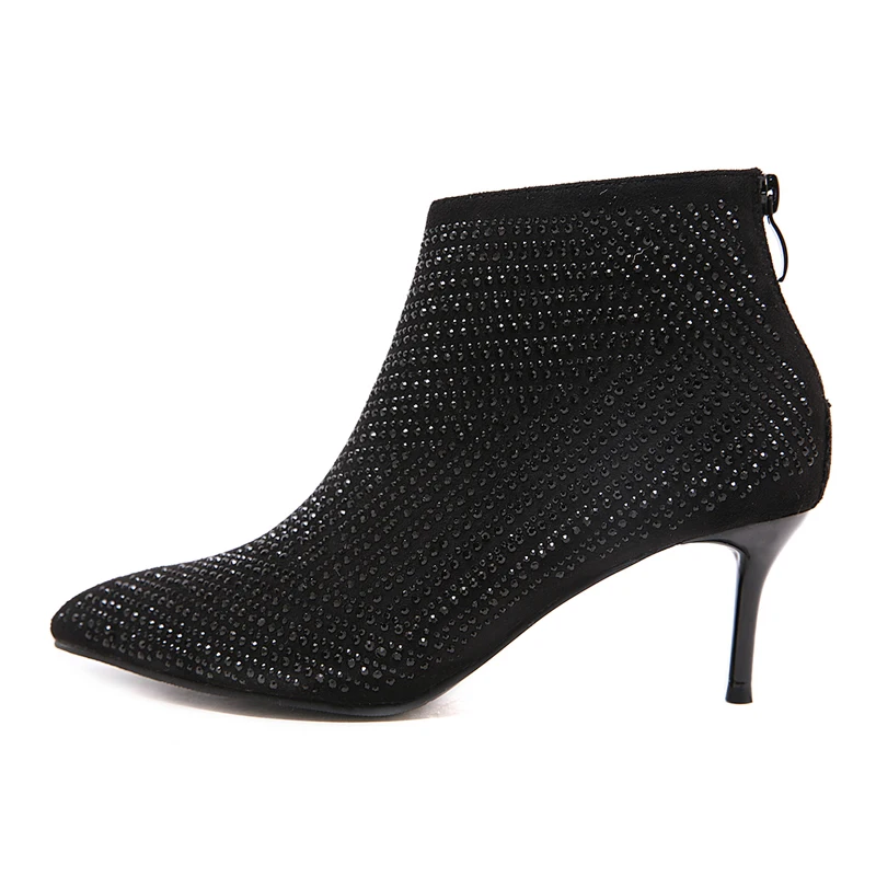Fall Boots Classic Black Short 6cm Heel Ankle For Women Stiletto Ladies Rhinestone Heels Autumn Office Shoes | Обувь