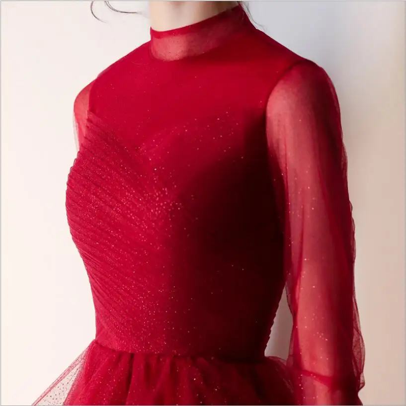 

Red High Neck Evening Dresses Fashion Ruched Tulle Illusion Slim Long Sleeves Bride Gown Party Prom Dress Robe De Soiree