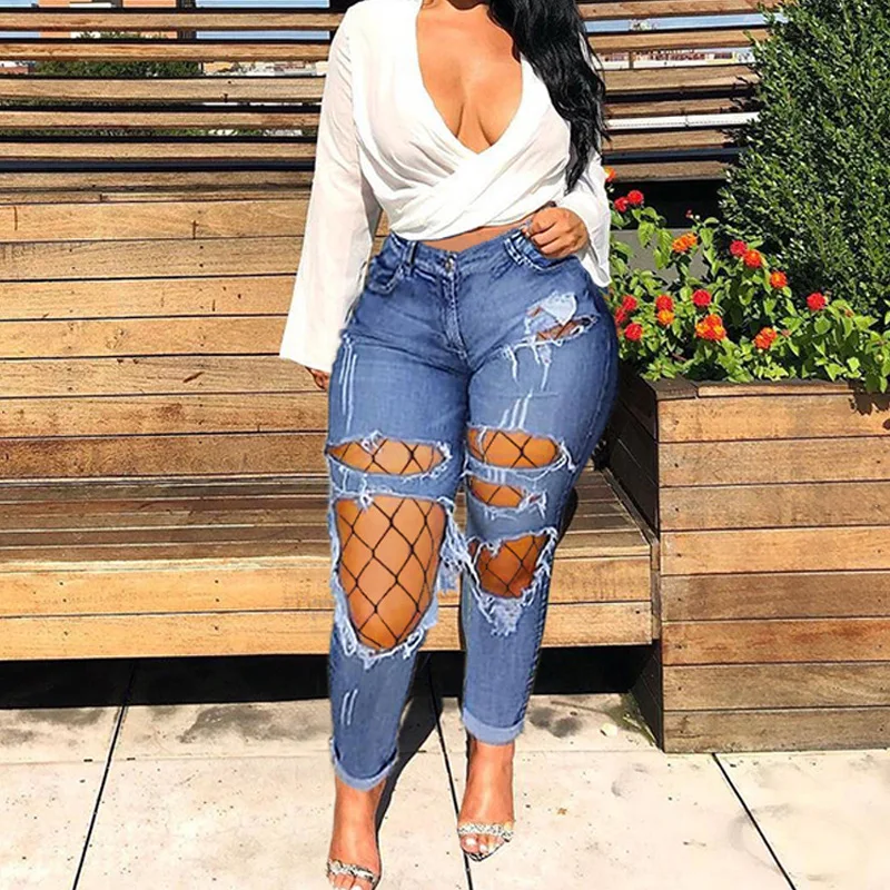 

Hottest Sale Women Pencil Jeans Fashion Skinny Hollow Out Denim Slim High Waist Pants All Matching Trousers High Quality 2021