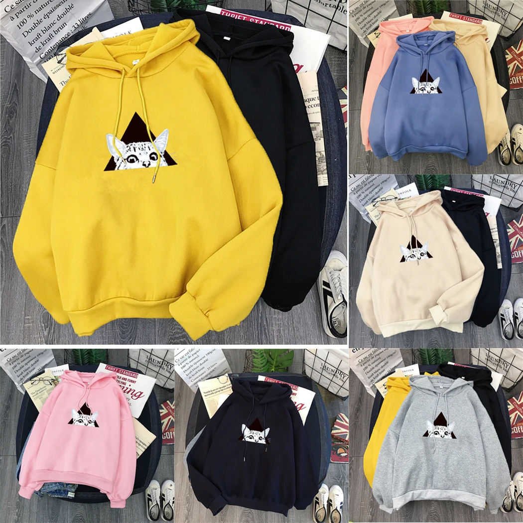 Kawaii, Женская мультяшная толстовка с капюшоном, милые толстовки с принтом кота, Осень-зима, с длинным рукавом, свободная уличная одежда, пуловер, топы