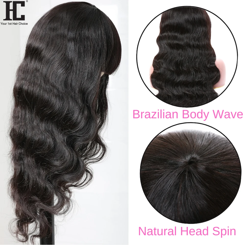 Brazilian Body Wave Human Hair Wig With Bangs Full Machine Made 8-26 Inch Glueless Wigs 150% Density Remy | Шиньоны и парики
