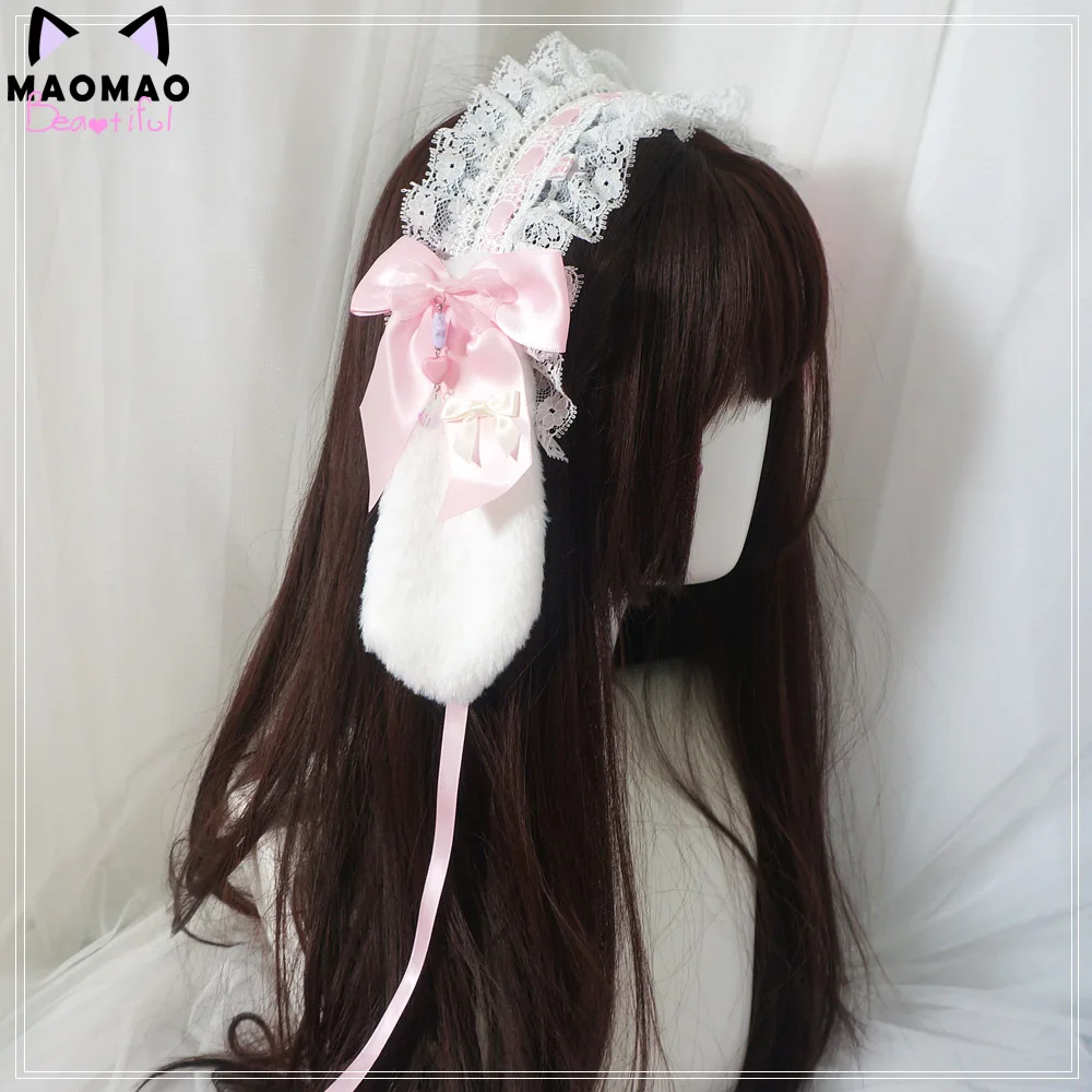 Kawaii Съемная мягкая сестра Вислоухий кролик лента для волос заколка в Стиле Лолита аксессуары для волос бант украшения обруча для волос Косплей - Цвет: Pink