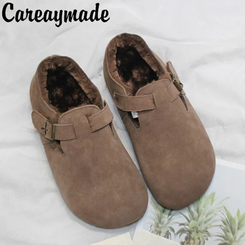 Careaymade-2023 Retro thickened flat round head of cattle nubuck genuine leather belt buckle shoes,Single/plus velvet,4 colors