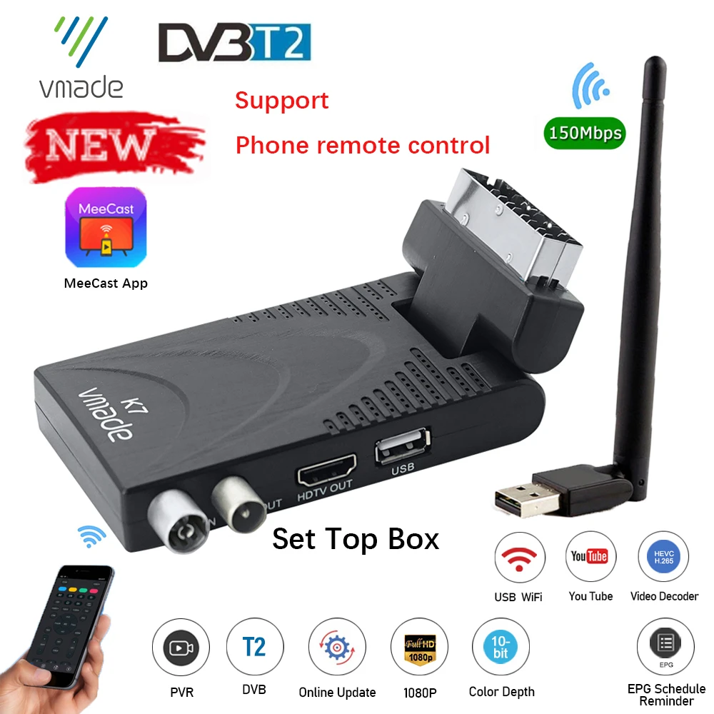 DVB T2 цифровой ТВ тюнер приемник 1080P HD H.265 декодер TV box Поддержка Youtube вас MeeCast Италия