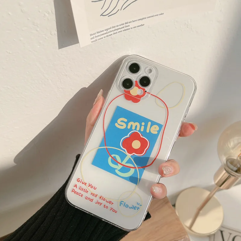 

Korea cute Color Line Flower Smile Clear Phone Case for iPhone 11 12 Pro Max Mini X XR XS Max 7 8 Plus Cartoon Popula Soft Cover