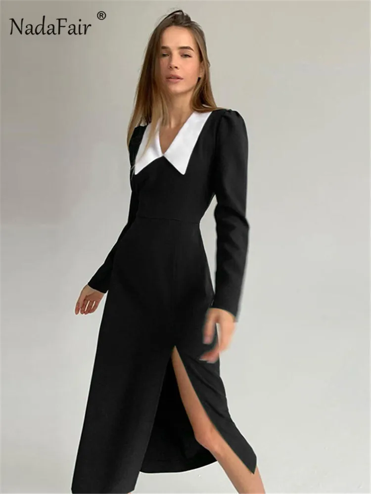 

Nadafair Peter Pan Collar Long Sleeve Midi Dress Sexy Split Black Elegant Party Spring Woman Dress 2022