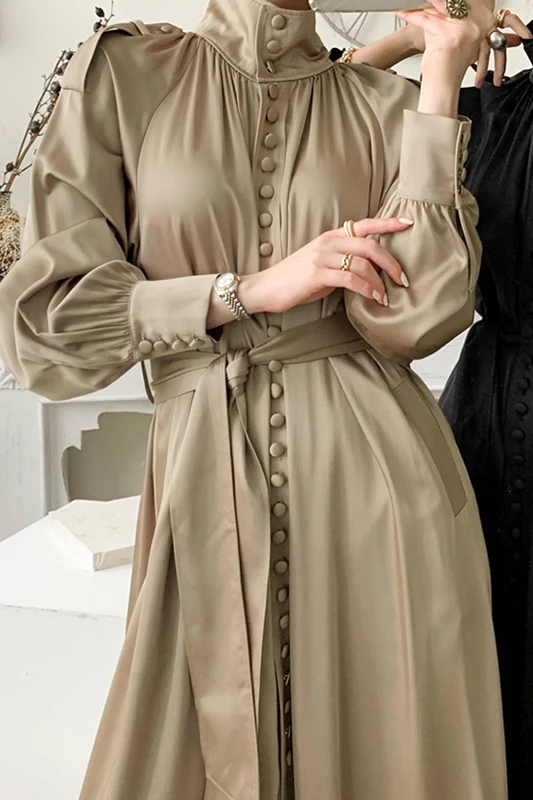 

Spring Retro Elegant Stand Collar Button Waist Slimming Long Dress Solid Color Long Sleeve High Waist Ankle Length Lady Dress