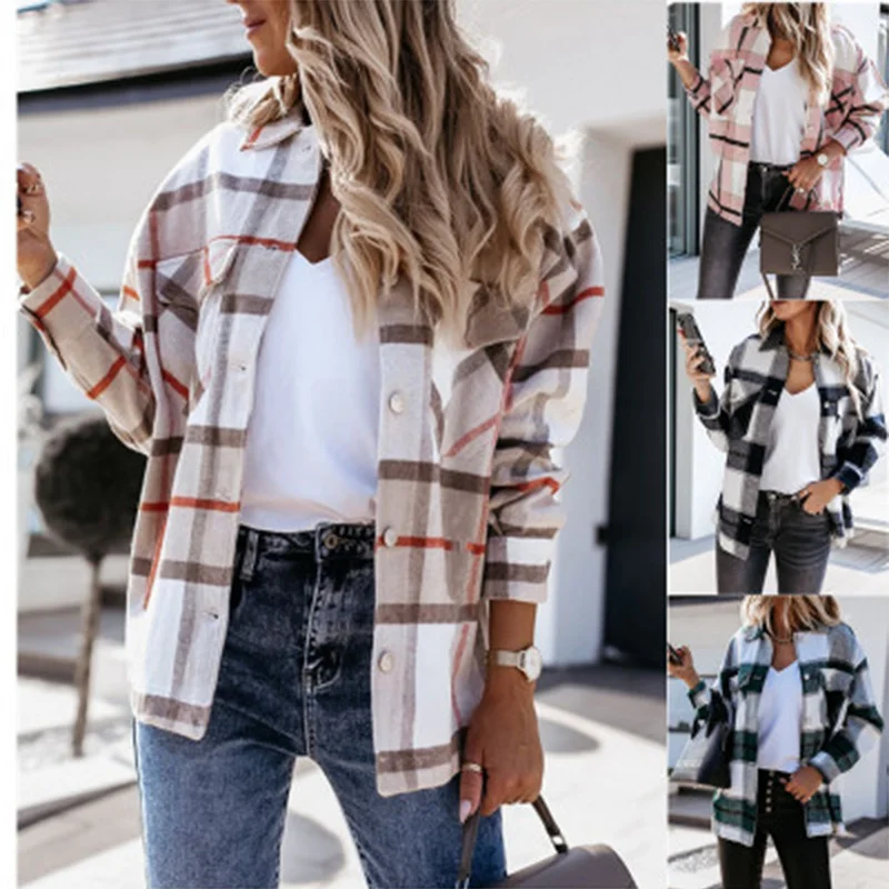 

traf za топ autumn winter long-sleeved loose plaid shirt jacket women blusas y camisas trf zaraes