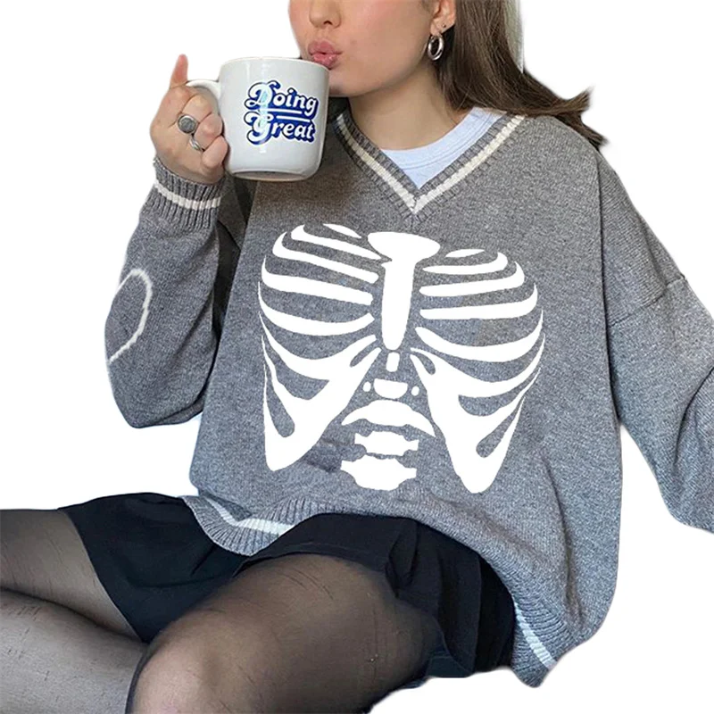 

Women Knit Sweater, Adults Color Block Skeleton Print Long Sleeve V-neck Pullover