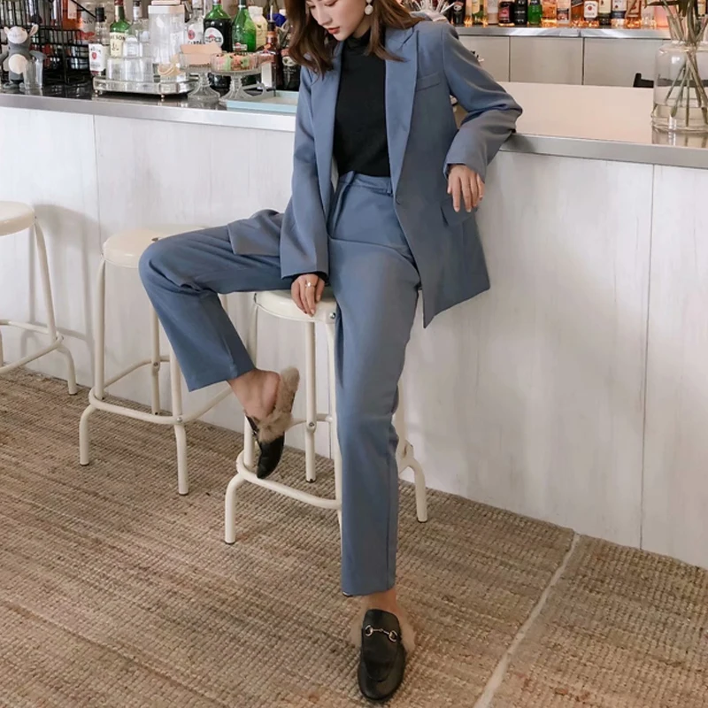 Женский офисный пиджак на одной пуговице + брюки молнии синий розовый комплект из
