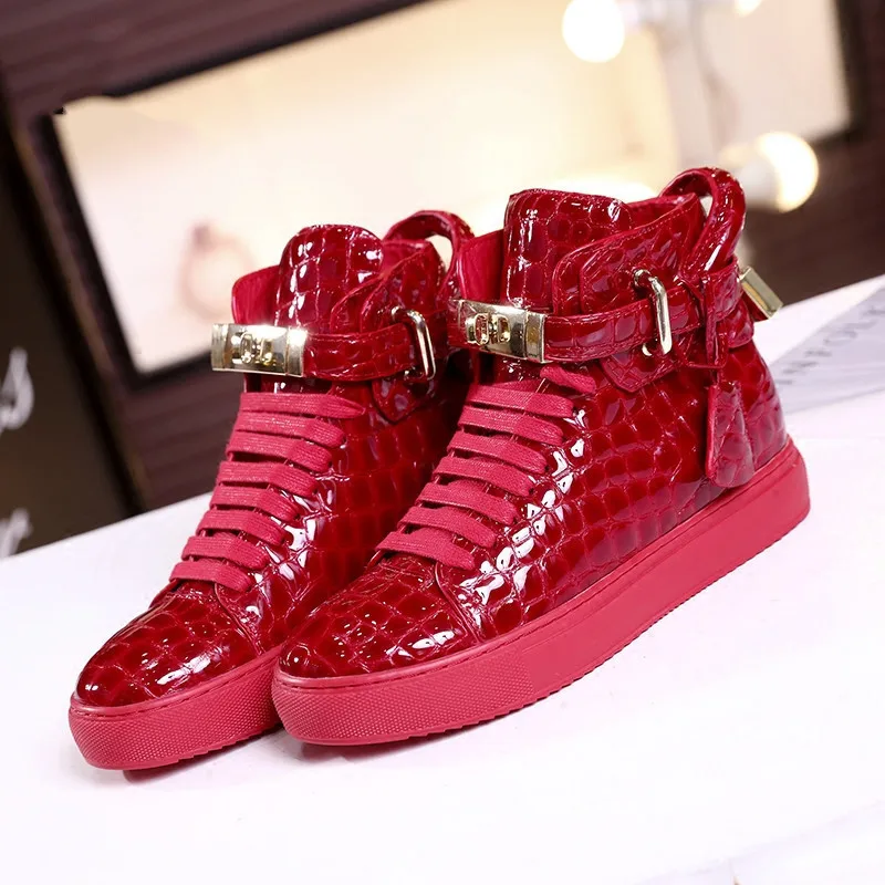 

Autumn High-top Woman Sneakers Shoes Hidden Increasing Casual Shoes Genuine Leather Black And Red Sneakers For Men And Women