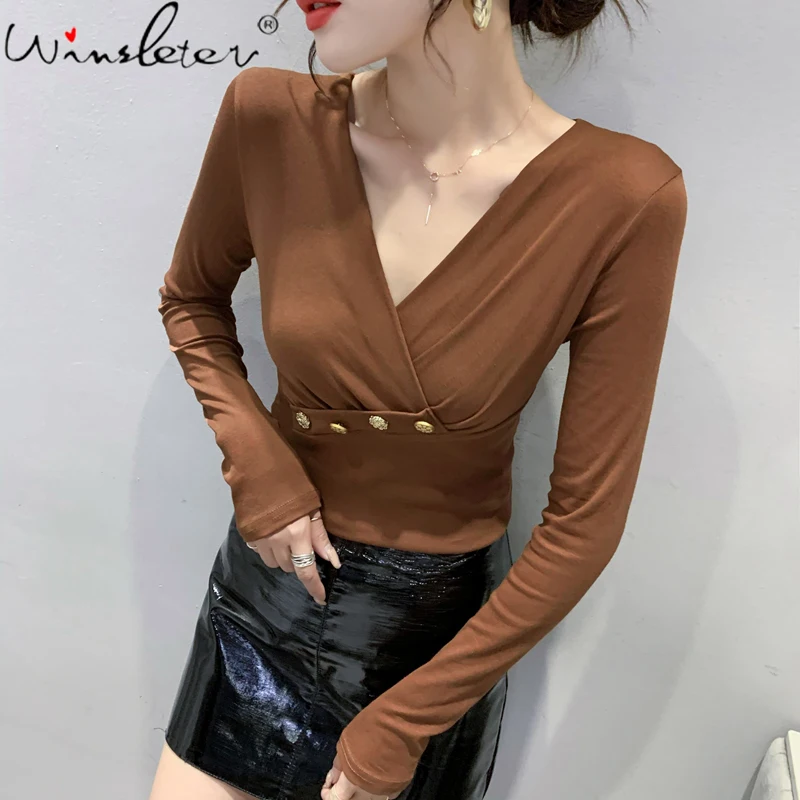 

MadBlack Fall Winter European Clothes Lady Cotton T-Shirt Solid V-Neck Cross Drape Button Women Tops Long Sleeve Tees T10910A