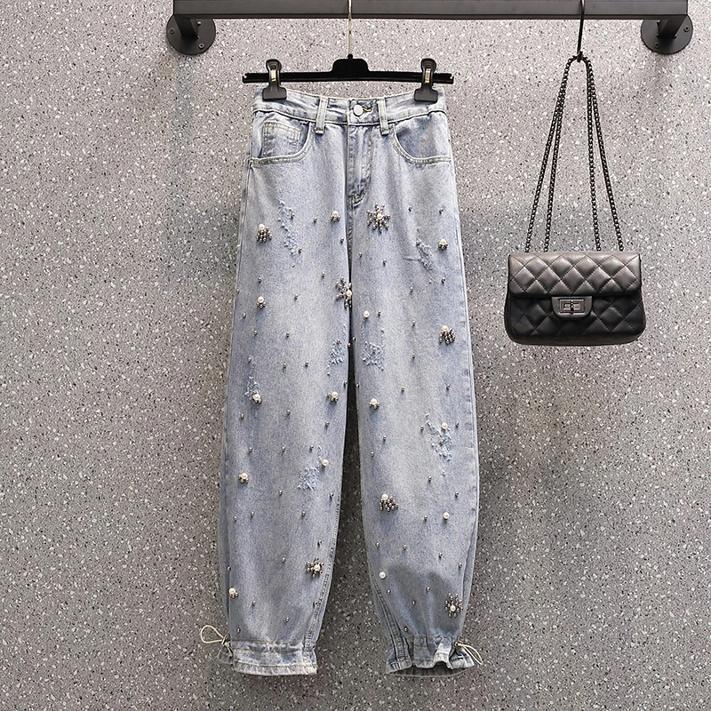 

M-4XL Women Jeans Fashion High Waist Beading Rivet Ninth Pants Autumn Loose Baggy Mom Pants Casual Jean Trousers