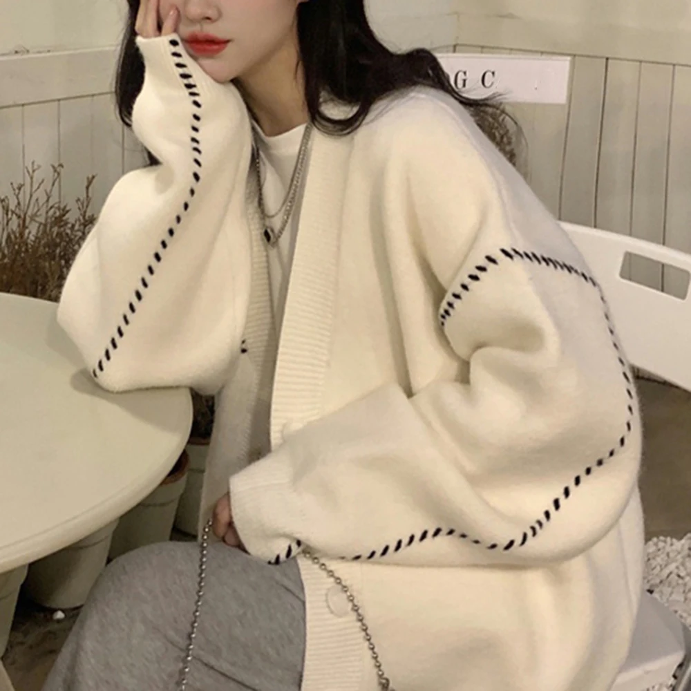 

2021 Autumn Winter New Solid Color Womens Sweater Korean Fashion V-neck Single Breasted Long Sleeve Casual Loose Knit Cardigan