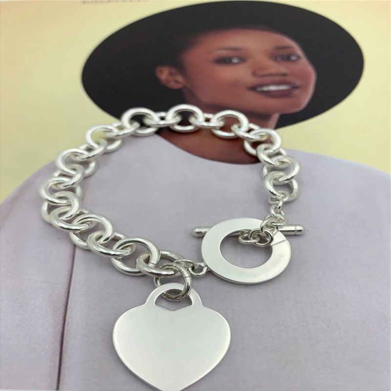 

SHINETUNG 100% S925 Sterling Silver Circle Clavicle Chain Heart Tag Lightning Bracelet Lady Logo Exquisite High-end Jewelry