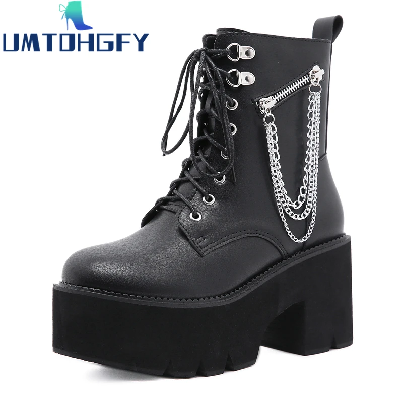 

Genuel Leather 35-42 Sexy Rivet China Gothic 9.5cm Platform Boots Demonia Girls Chunky Heels Female Shoes Black Punk Style Ankle
