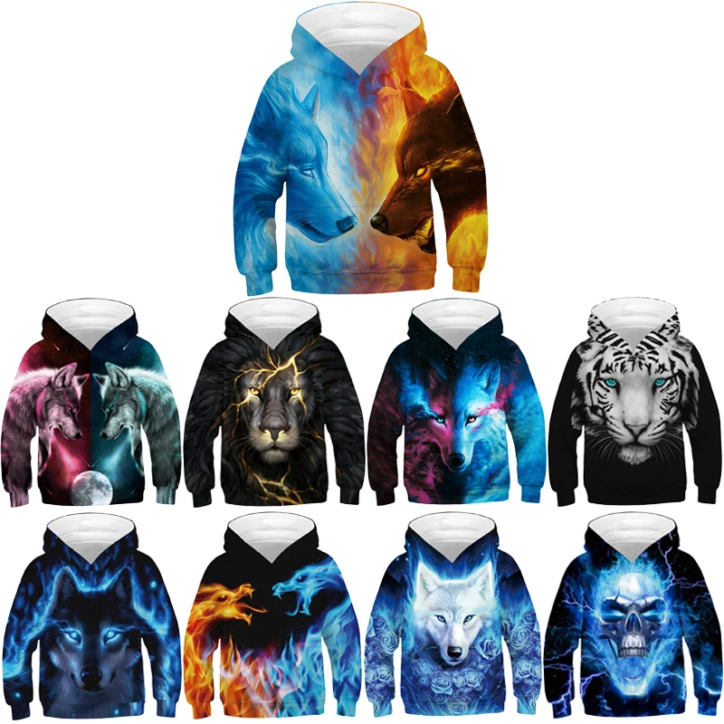 

6 8 10 12 14 Years Old Boys Hoodies Animal Print Spring Autumn Hooded Kids Clothes Long Sleeve Fashion Coat Children Clothing
