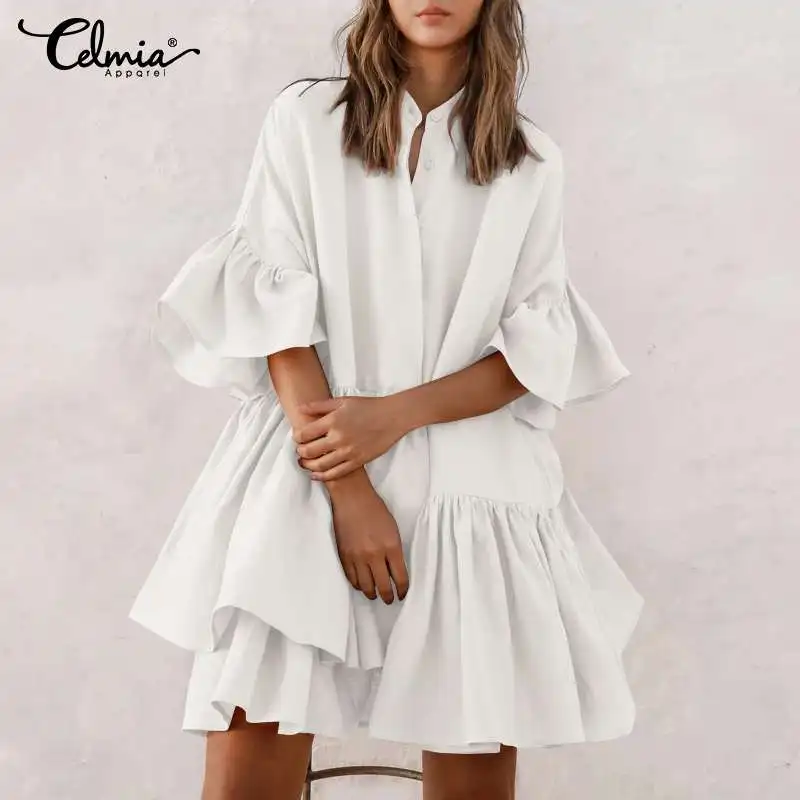 Women Dress Autumn 2022 Celmia Bohemian Ruffles O-neck White Mini Robe Half Sleeve Loose Shirt Dress Sexy Solid Pleated Vestidos