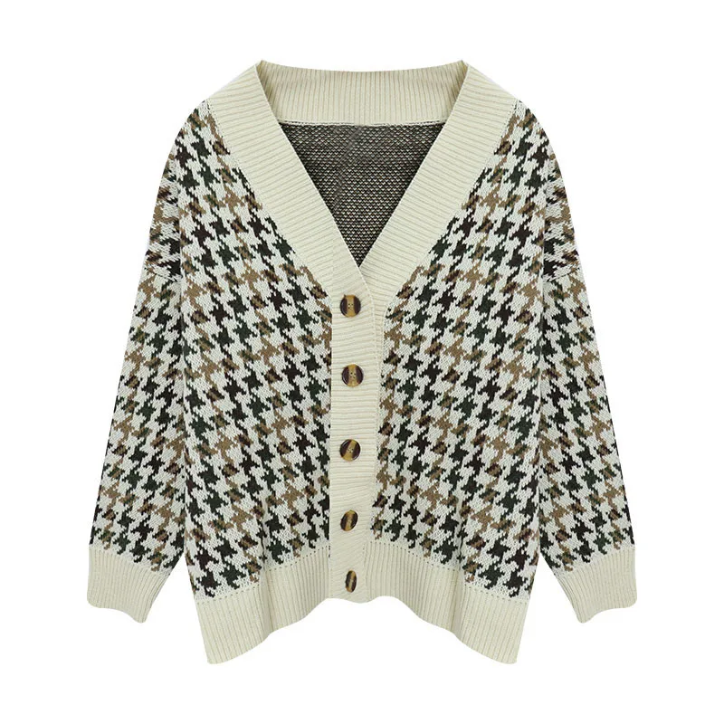 

Woman Sweater Single Breasted V Neck Women Button Lattice Oversize Cardigan Sweater Knitted Loose Jumper Top Jacket Coat
