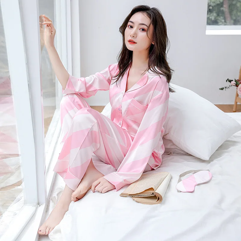 

Luxury Silk Pajamas Set Women 2021 Spring Long-Sleeved Trousers Loose Plus Size Sleepwear Fashion Striped Print Satin Homewear